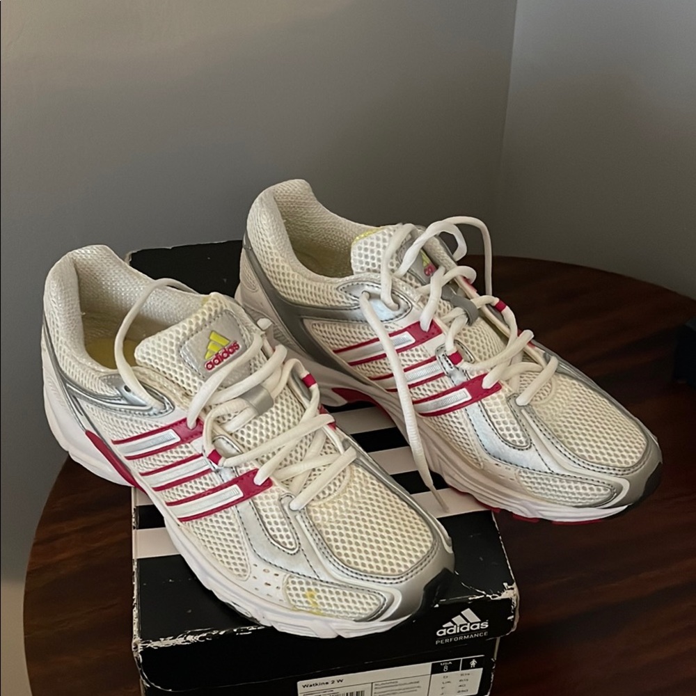 Adidas Women's Metallic Silver White and Pink, Sz. 8; EUC (worn 1X